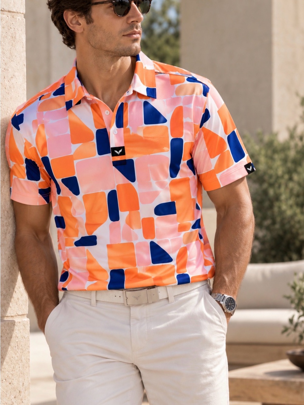 Bad Birdie Short-Sleeve Polo in Orange, Pink & Blue Abstract Print